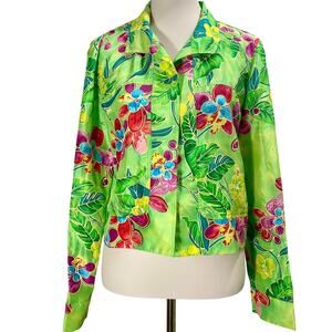 Vintage 90s Tropical Silk Cardigan Topper Boxy Maximalist Open Front Sze Medium